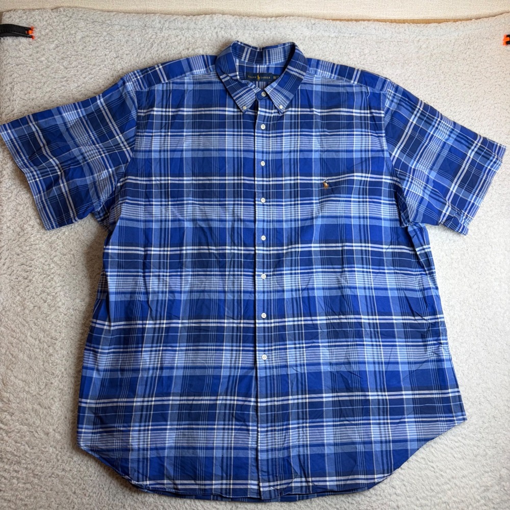 Ralph Lauren Mens 3XLT Tall Blue Plaid Short Sleeve Button Down Shirt Cotton